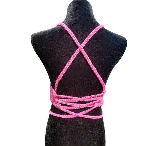 Crop Top BARBIECORE PINK Crochet Festival Cotton B CUP Adjustable Size - Picture 4 of 8